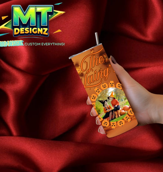 20 OZ Skinny Tumbler Pumpkin Design Hot and Cold Custom Design To add ice and fruit/charm lids Make Sure to select this option prior to checking out