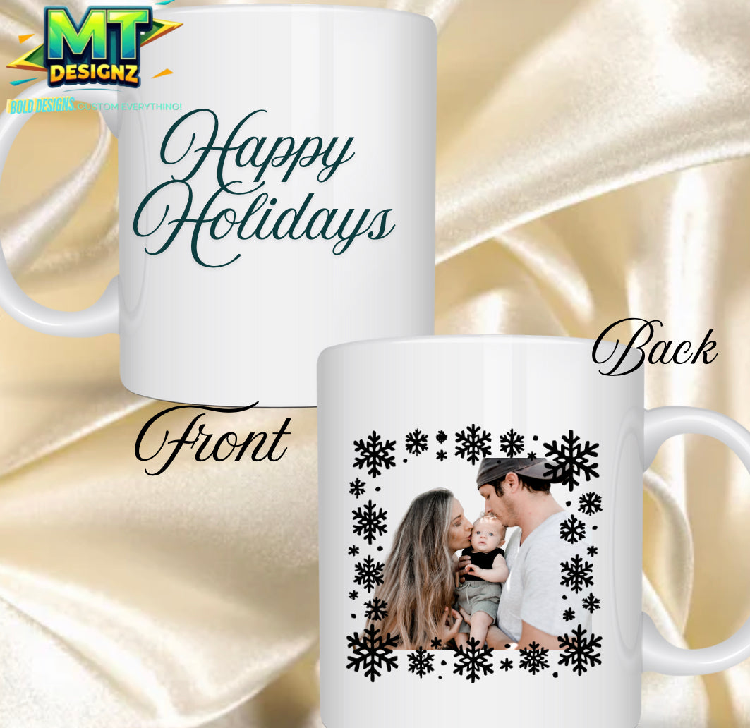 Holiday Mugs 11 oz Snowflake Design- Customize by email MTDesignz.shop@gmail.com after purchasing