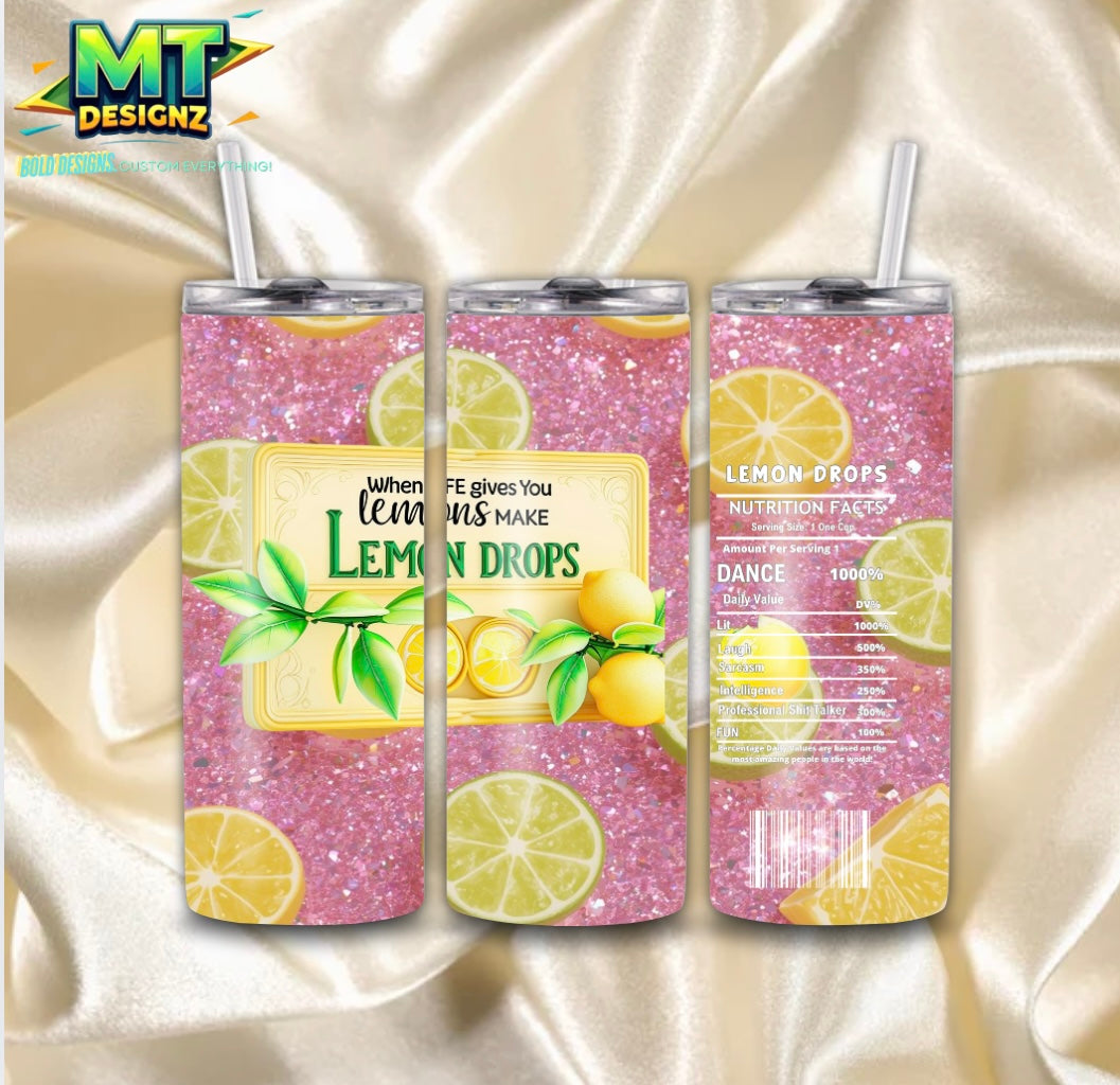 20 OZ Skinny Tumbler Lemon Drop Design Hot and Cold Custom Design To add ice and fruit/charm lids Make Sure to select this option prior to checking out