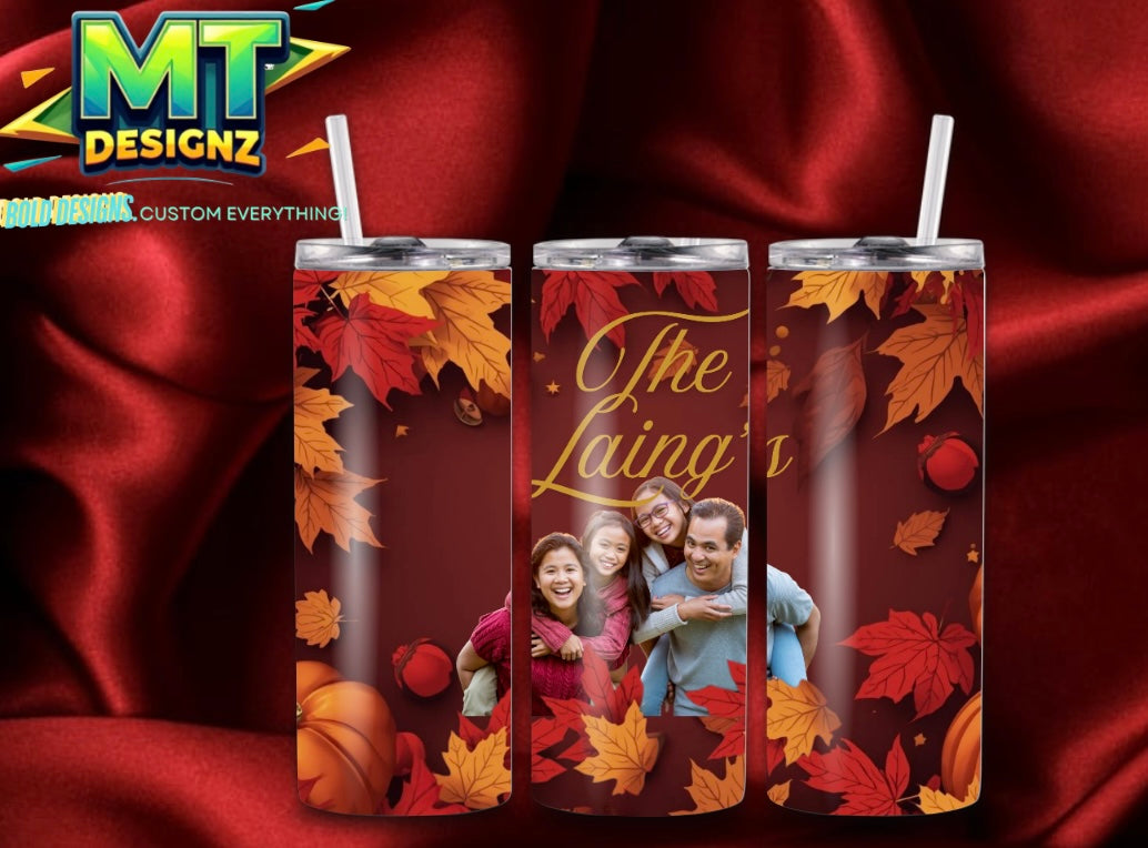 20 OZ Skinny Tumbler Fall Design Hot and Cold Custom Design To add ice and fruit/charm lids Make Sure to select this option prior to checking out
