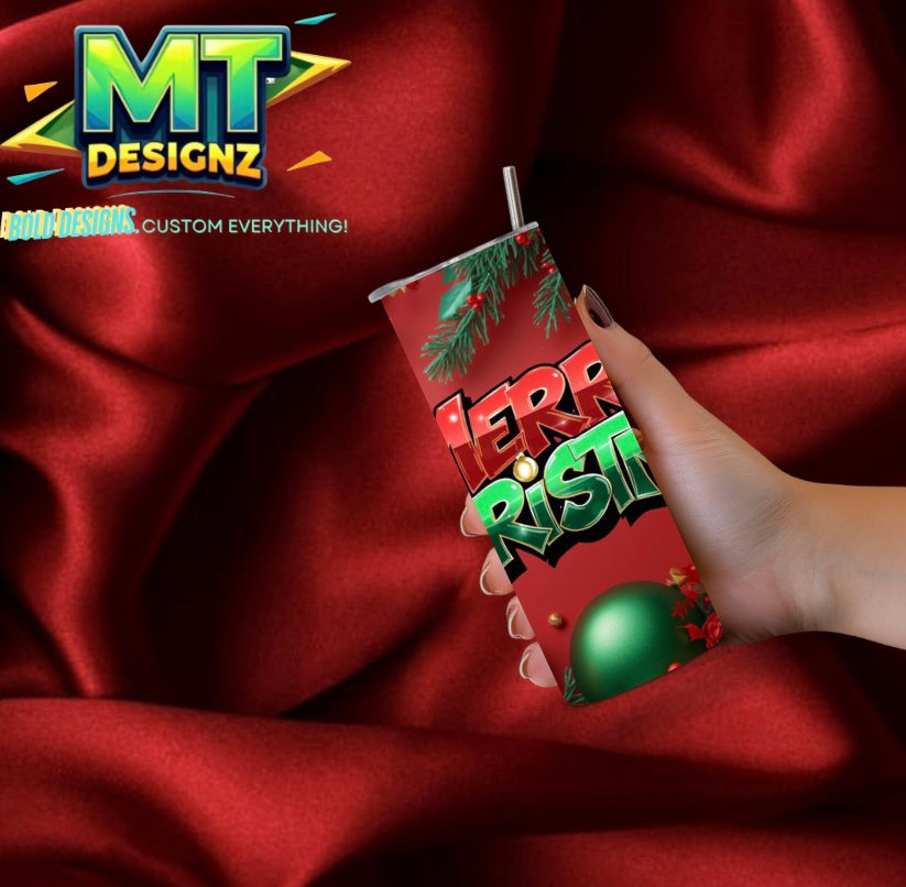 20 OZ Skinny Tumbler Merry Christmas Design Hot and Cold Custom Design To add ice and fruit/charm lids Make Sure to select this option prior to checking out