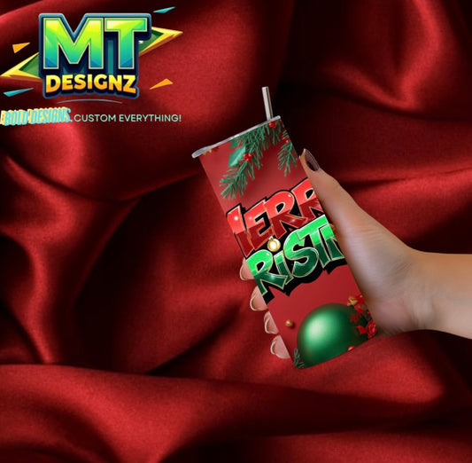 20 OZ Skinny Tumbler Merry Christmas Design Hot and Cold Custom Design To add ice and fruit/charm lids Make Sure to select this option prior to checking out