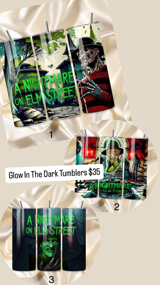20 OZ Skinny Tumbler Nightmare on Elm St Glow in the Dark  Hot and Cold Custom Design To add ice and fruit/charm lids purchase add on separately