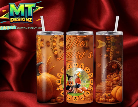 20 OZ Skinny Tumbler Pumpkin Design Hot and Cold Custom Design To add ice and fruit/charm lids Make Sure to select this option prior to checking out