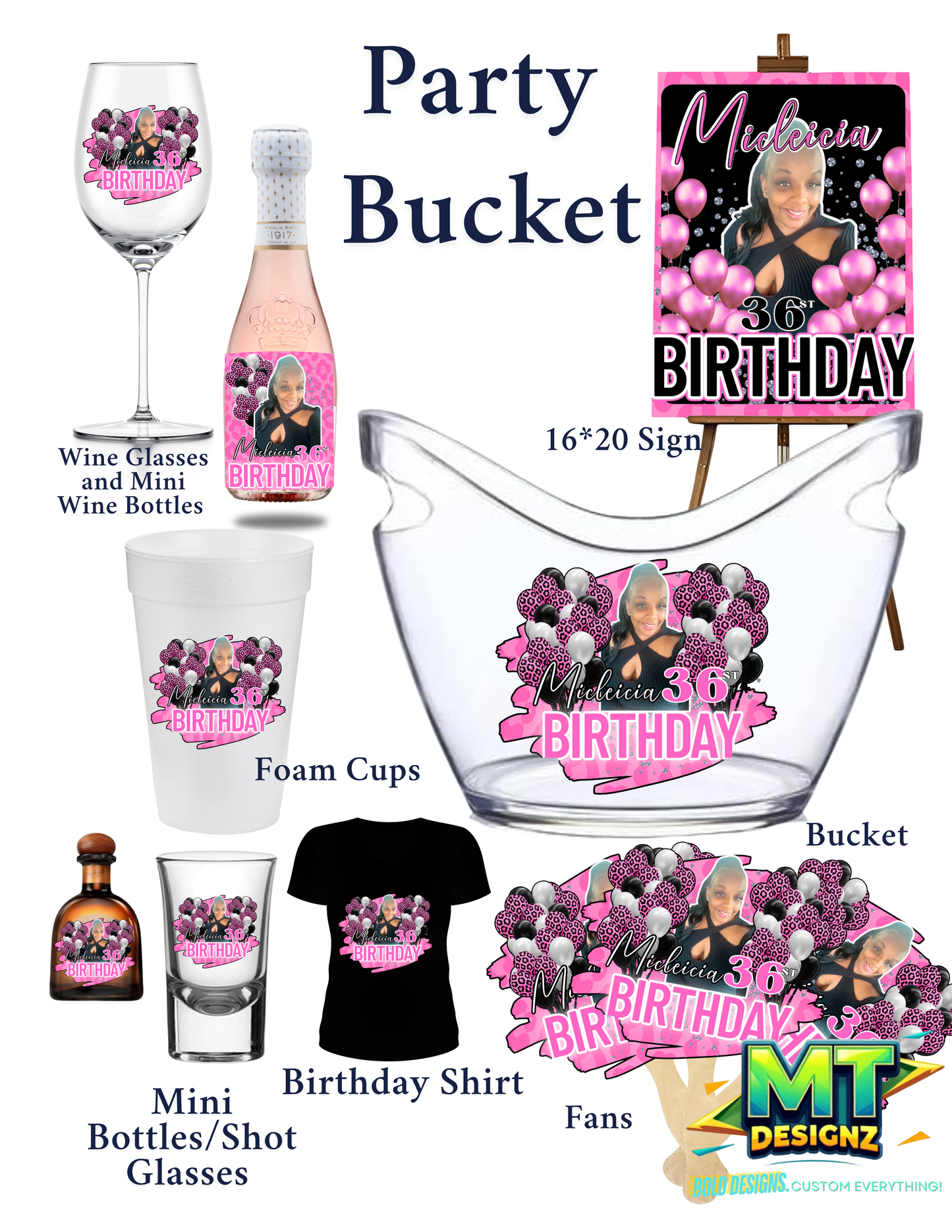 Adult Custom Party Buckets: Email MTDesignz.shop@gmail.com after purchase with 24hrs for customization!