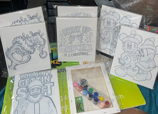 Custom pre-sketched DYI Paint Canvases , brushes and paint included. Submit a Design or vision