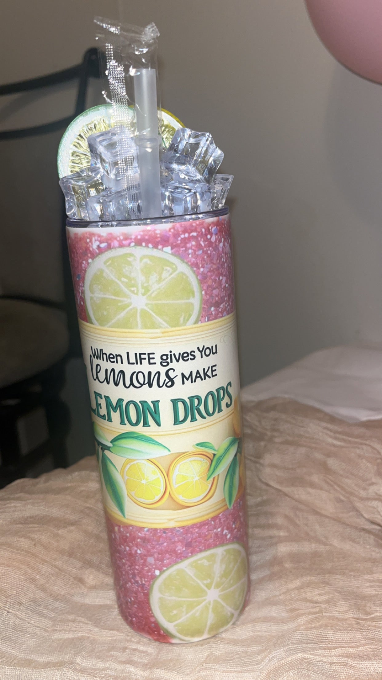 20 OZ Skinny Tumbler Lemon Drop Design Hot and Cold Custom Design To add ice and fruit/charm lids Make Sure to select this option prior to checking out