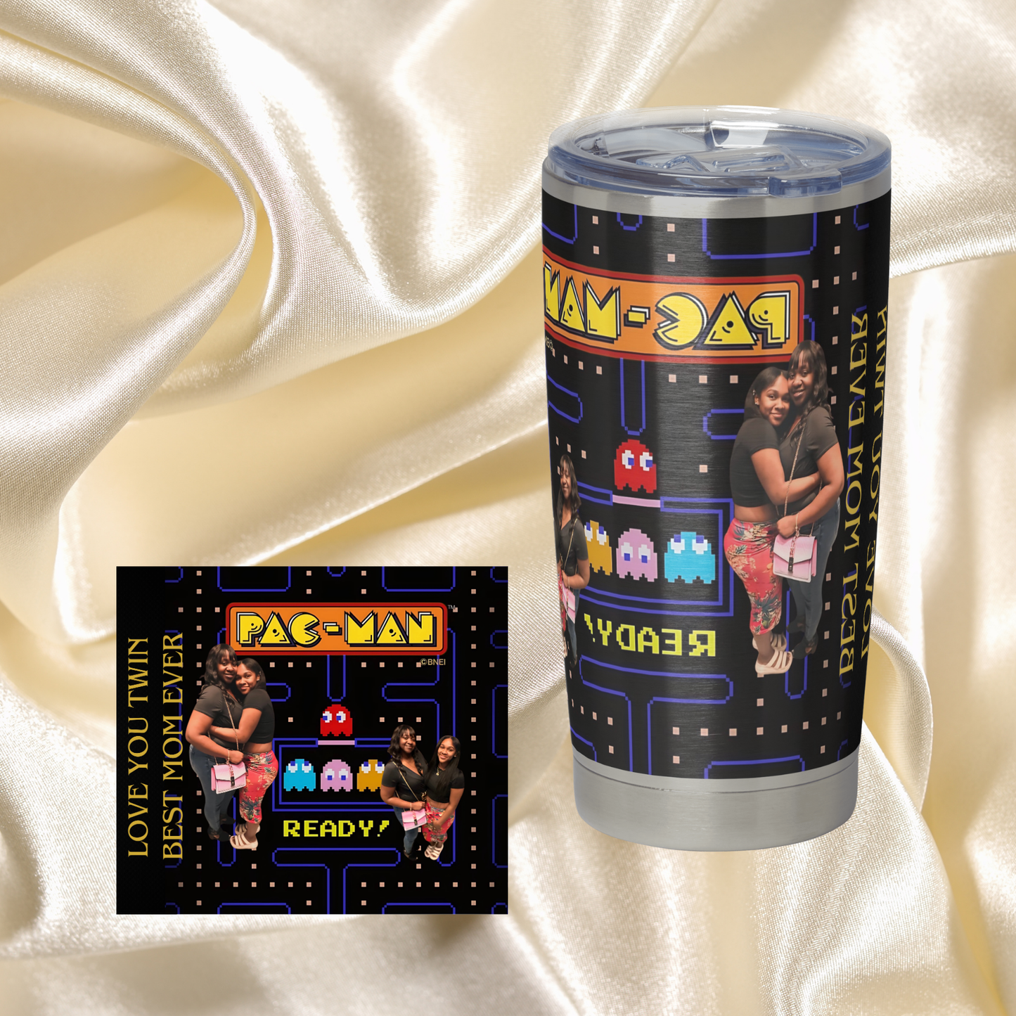 20 OZ Skinny Tumbler Hot and Cold- Pac-Man Design  Add your own Name/ Phrases and Pictures