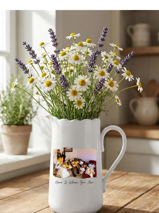 Custom Vase “ Home is where you are ” White Ceramic Pitcher Vase 8" Jug 1.5L Water Pitcher 50 Oz