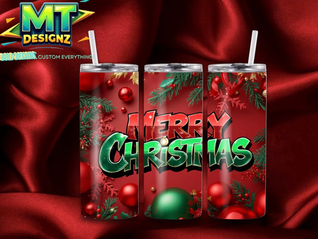 20 OZ Skinny Tumbler Merry Christmas Design Hot and Cold Custom Design To add ice and fruit/charm lids Make Sure to select this option prior to checking out