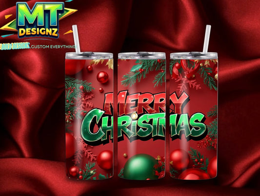 20 OZ Skinny Tumbler Merry Christmas Design Hot and Cold Custom Design To add ice and fruit/charm lids Make Sure to select this option prior to checking out