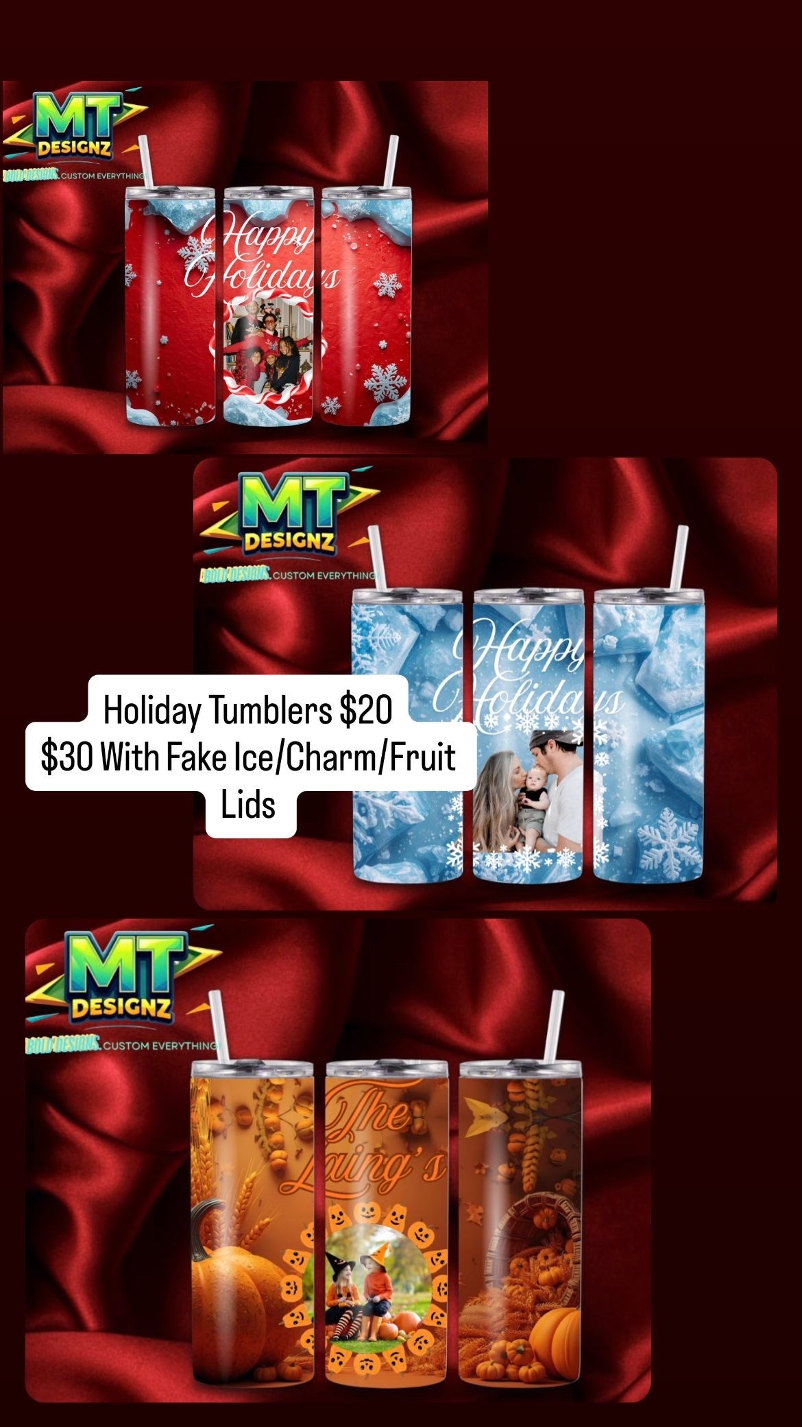 20 OZ Skinny Tumbler CandyCane Design Hot and Cold Custom Design To add ice and fruit/charm lids Make Sure to select this option prior to checking out (Copy)