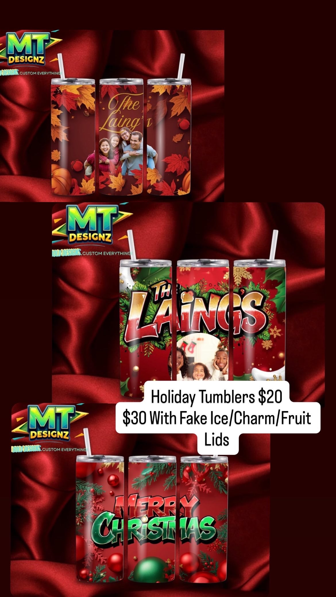 20 OZ Skinny Tumbler CandyCane Design Hot and Cold Custom Design To add ice and fruit/charm lids Make Sure to select this option prior to checking out (Copy)