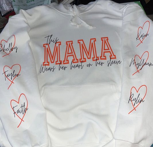Custom “This MAMA wears her heart on her sleeve” Adults and Youth sizes Hoodies, Sweatshirts, Shirts EMAIL MTDesignz.shop@gmail.com After Purchase for Customization