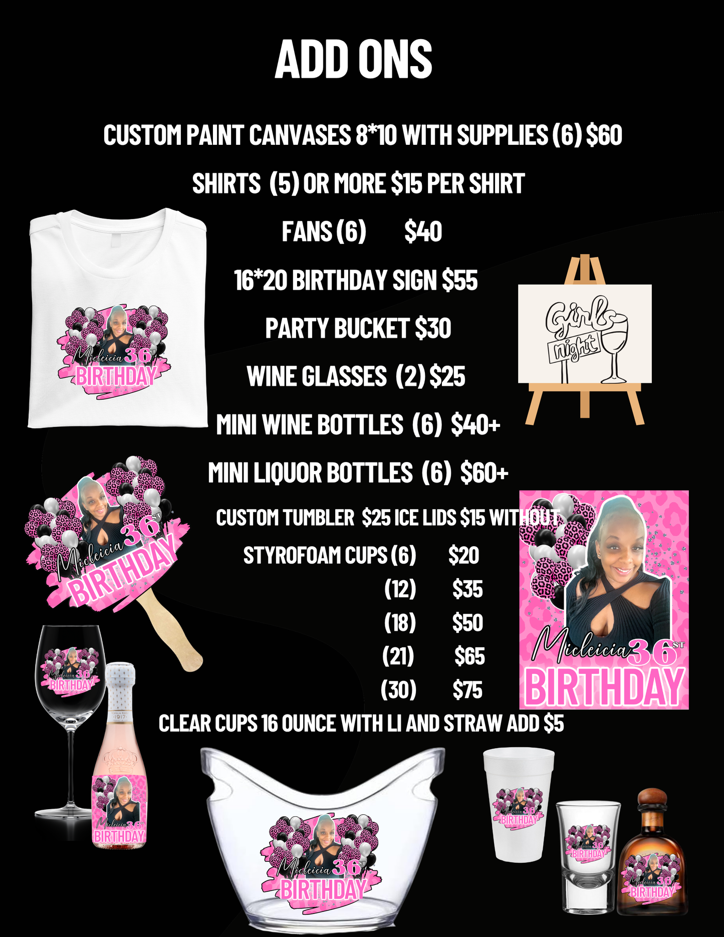 Adult Custom Party Buckets: Email MTDesignz.shop@gmail.com after purchase with 24hrs for customization!