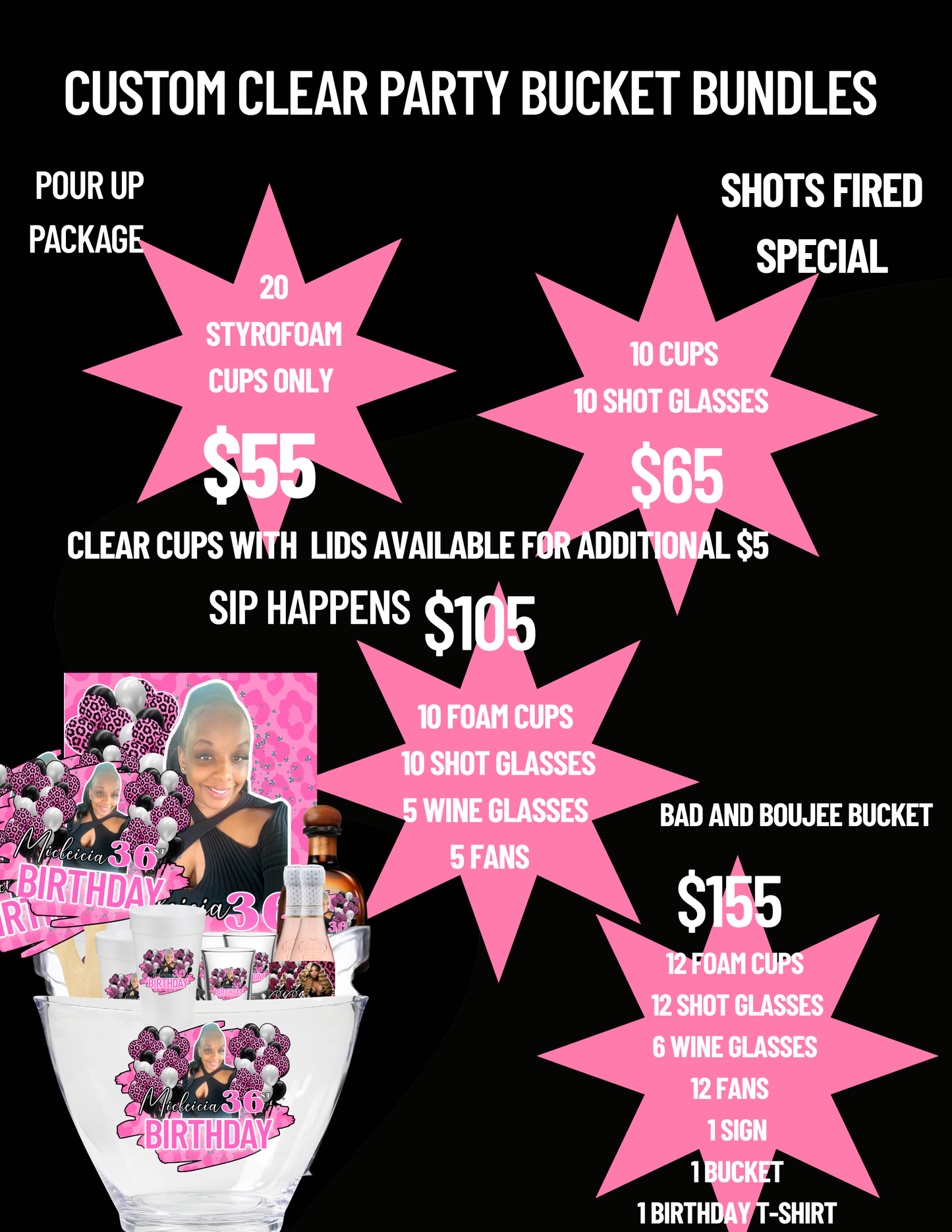 Adult Custom Party Buckets: Email MTDesignz.shop@gmail.com after purchase with 24hrs for customization!