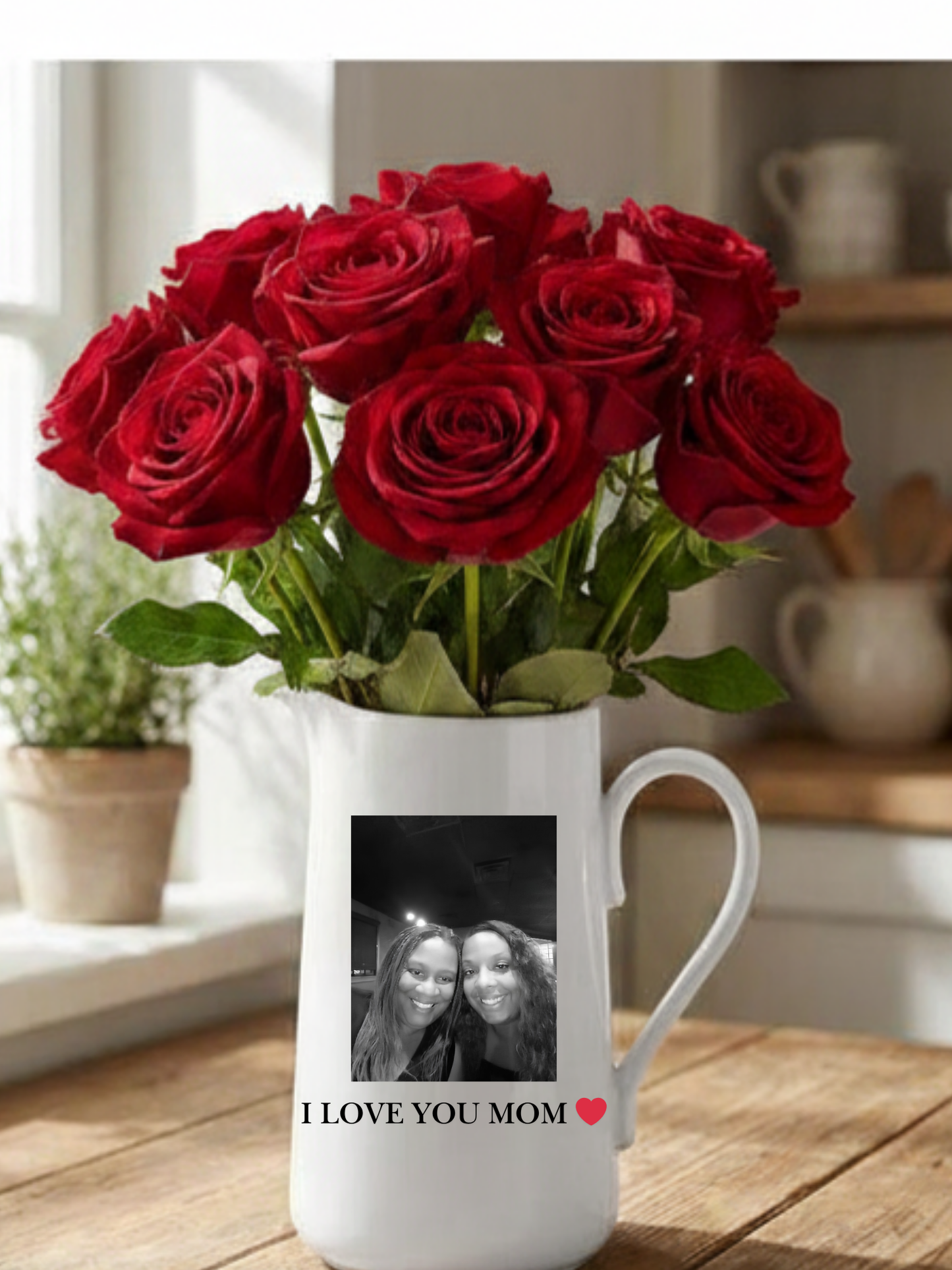 Custom Vase “ I Love You Mom” White Ceramic Pitcher Vase 8" Jug 1.5L Water Pitcher 50 Oz