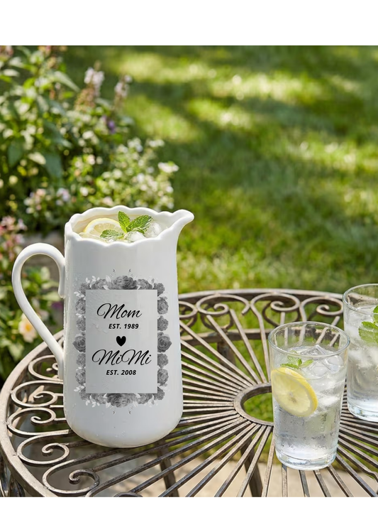 Custom Vase “ Mom-Grandma EST” White Ceramic Pitcher Vase 8" Jug 1.5L Water Pitcher 50 Oz