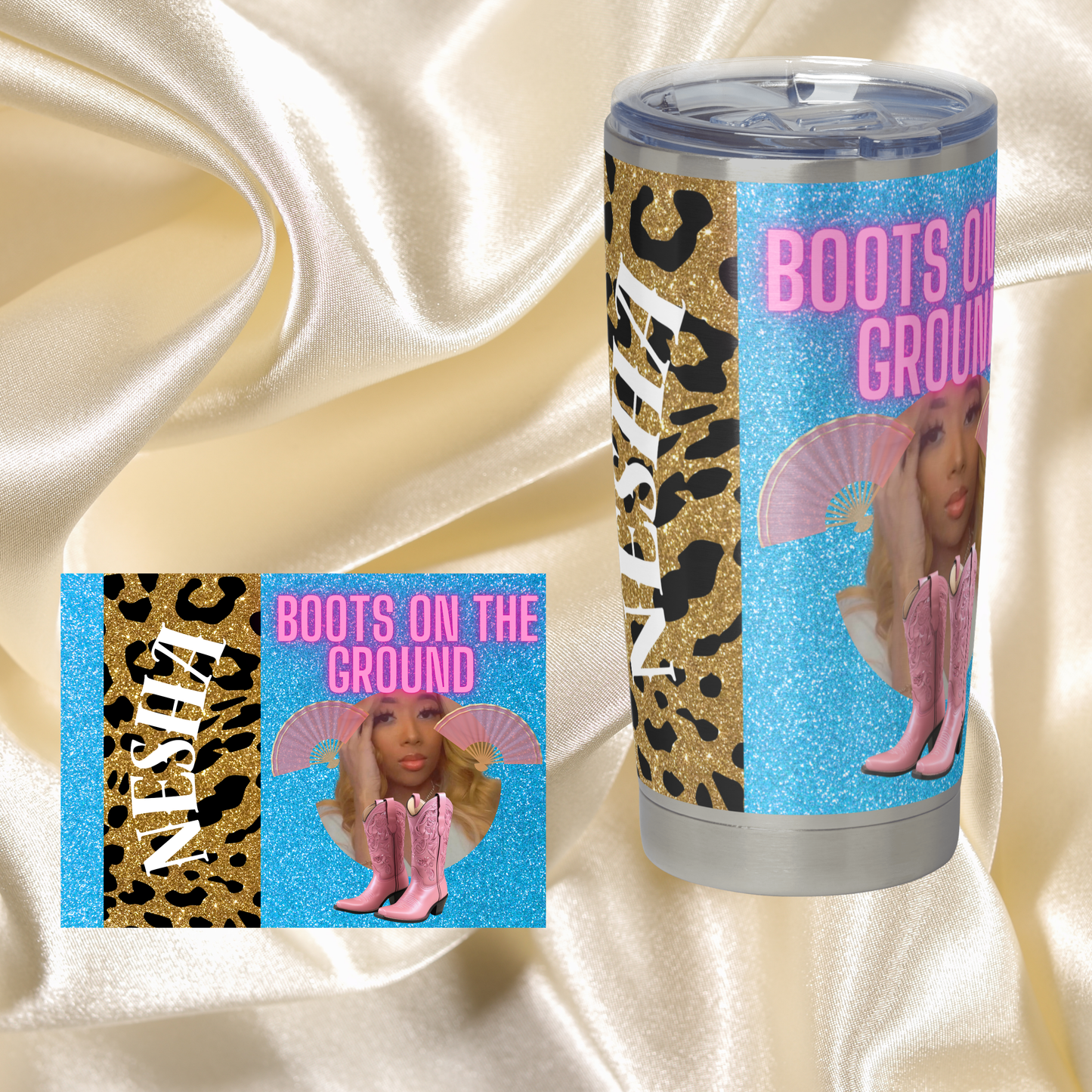 20 OZ Skinny Tumbler Hot and Cold: Boots on the Ground pink and blue/cheetah print: Add your own Name/ Phrases and Pictures