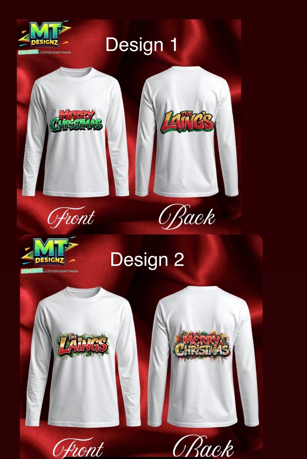 Holiday Custom Design Cotton Long Sleeve Shirts: E-mail for Customization after purchase- Be Sure to select which Design Option prior to adding to cart!