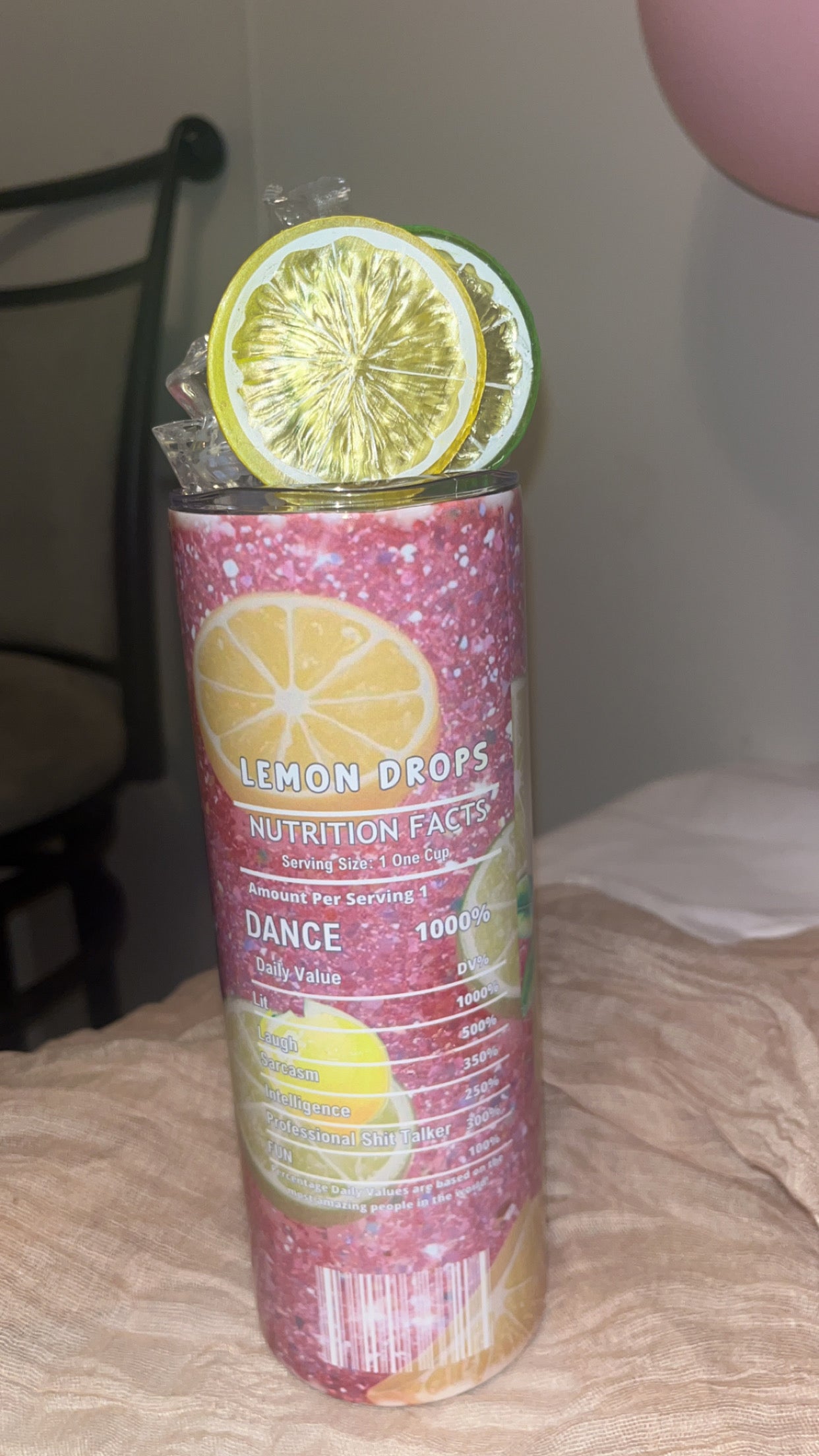 20 OZ Skinny Tumbler Lemon Drop Design Hot and Cold Custom Design To add ice and fruit/charm lids Make Sure to select this option prior to checking out