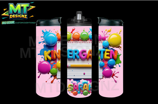 Elementary School Design: Stainless Steel Custom Water Bottle Tumblers Cups with black Lid including clear lift up Straw or fast water flow option: Tumbler Hot and Cold 12/Hr Email Childs Name and any customization ideas