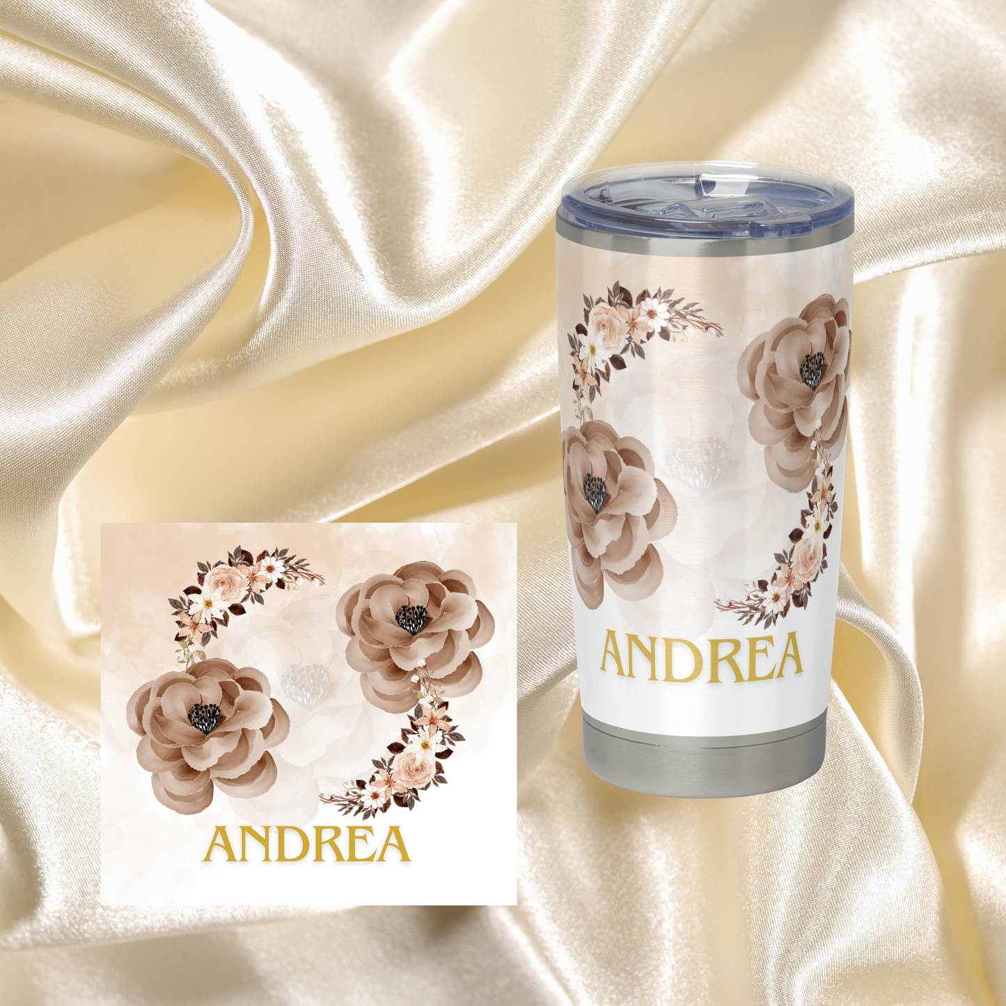 20 OZ Skinny Tumbler Hot and Cold- Brown Floral Design Add your own Name/ Phrases and Pictures