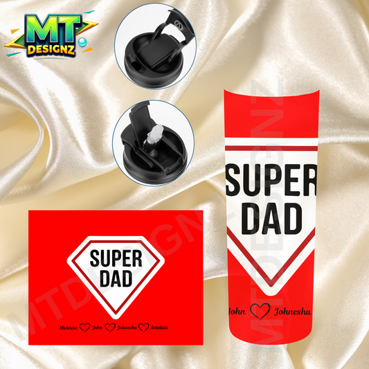 20 ounce Super Dad Red Stainless Steel Water Bottle Tumblers Cups with black Lid including lift up Straw or fast water flow option: Tumbler Hot and Cold 12/Hr Add your own Name/ Phrases and Pictures