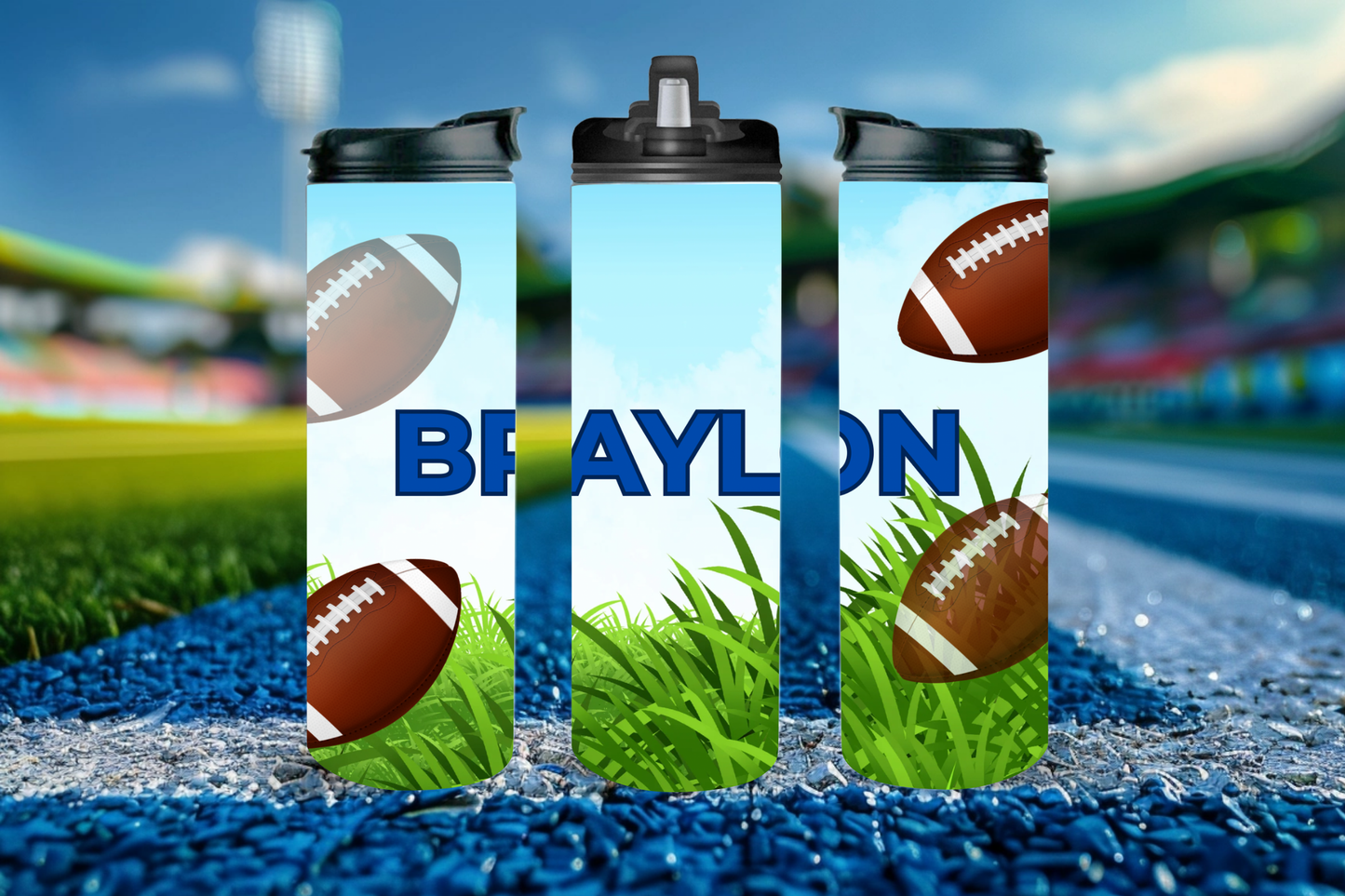 20 ounce Football Sports Stainless Steel Water Bottle Tumblers Cups with black Lid including clear lift up Straw or fast water flow option: Tumbler Hot and Cold 12/Hr Add your own Name/ Phrases and Pictures