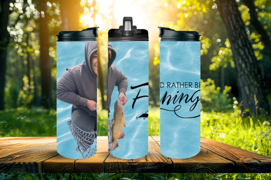 20 ounce “ID rather be fishing” Stainless Steel Water Bottle Tumblers Cups with black Lid including clear lift up Straw or fast water flow option: Tumbler Hot and Cold 12/Hr Add your own Name/ Phrases and Pictures