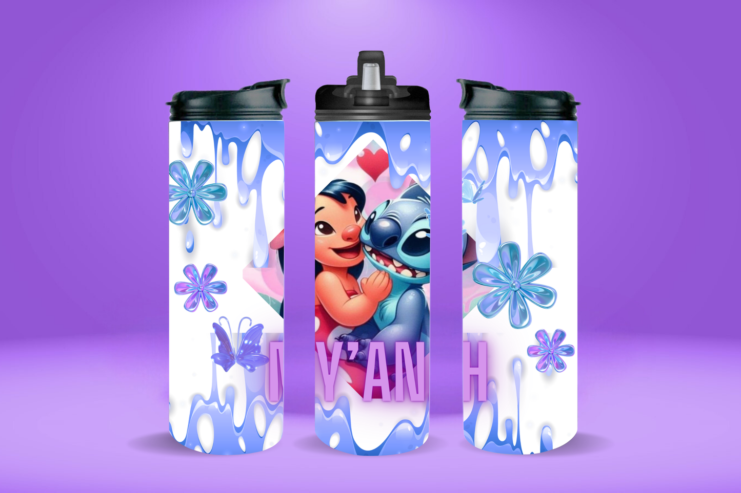 20 ounce Lilo and Stitch Stainless Steel Water Bottle Tumblers Cups with black Lid including clear lift up Straw or fast water flow option: Tumbler Hot and Cold 12/Hr Add your own Name/ Phrases and Pictures