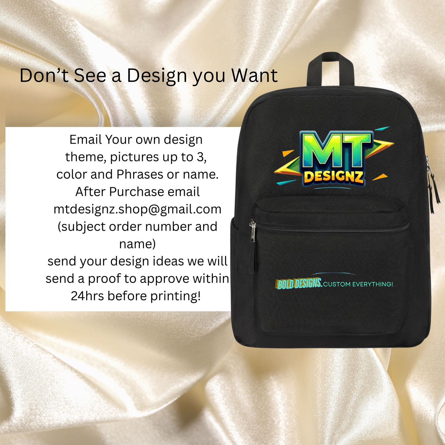 Complete Custom Design Water-Resistant Bookbags: Email Design Idea MTDesignz.shop@gmail.com