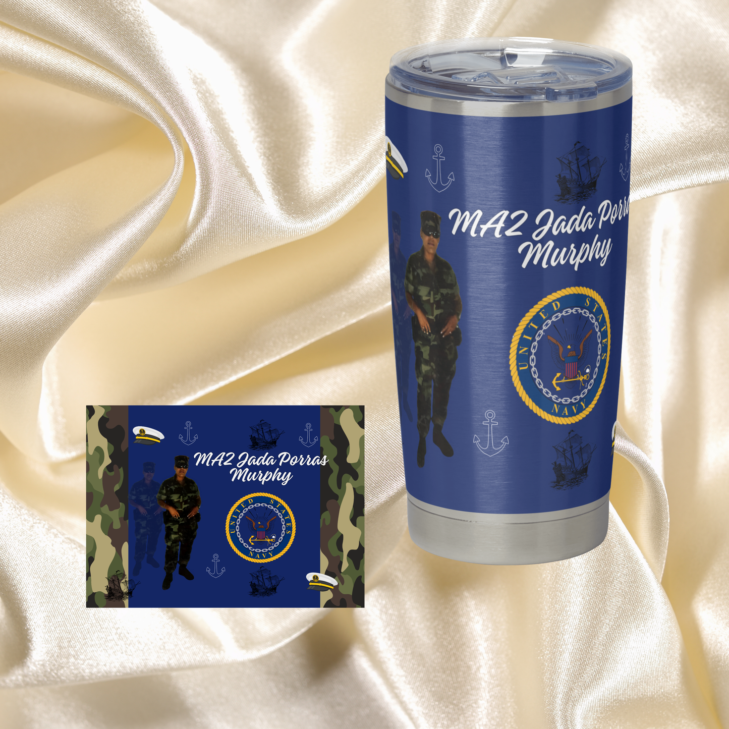 20 OZ Skinny Tumbler Hot and Cold- Navy Blue and Camo Design: Add your own Name/ Phrases and Pictures
