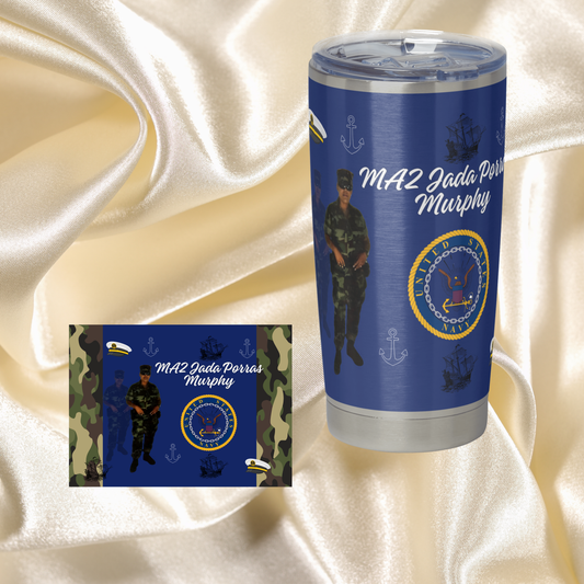20 OZ Skinny Tumbler Hot and Cold- Navy Blue and Camo Design: Add your own Name/ Phrases and Pictures