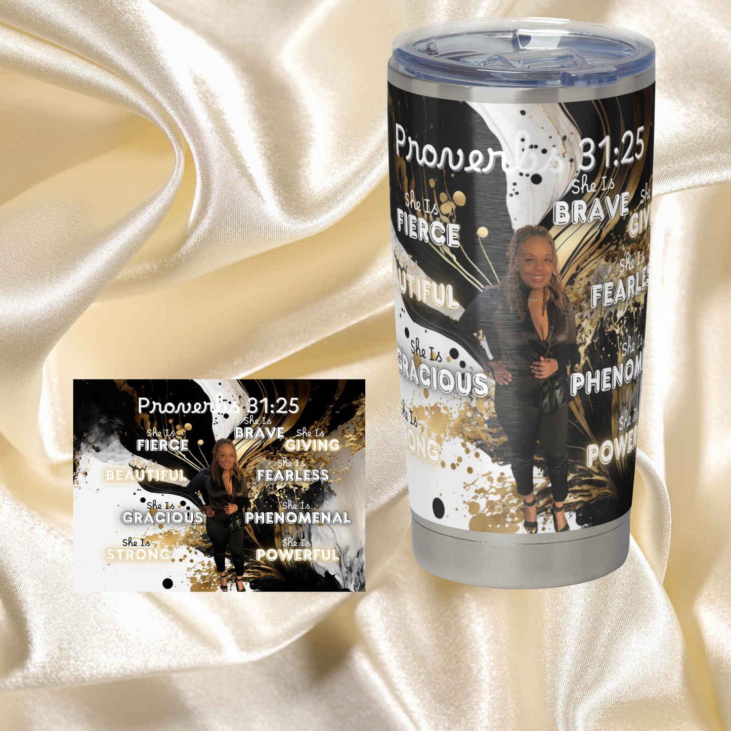 20 OZ Skinny Tumbler Hot and Cold- Black and Gold Design: Add your own Name/ Phrases and Pictures