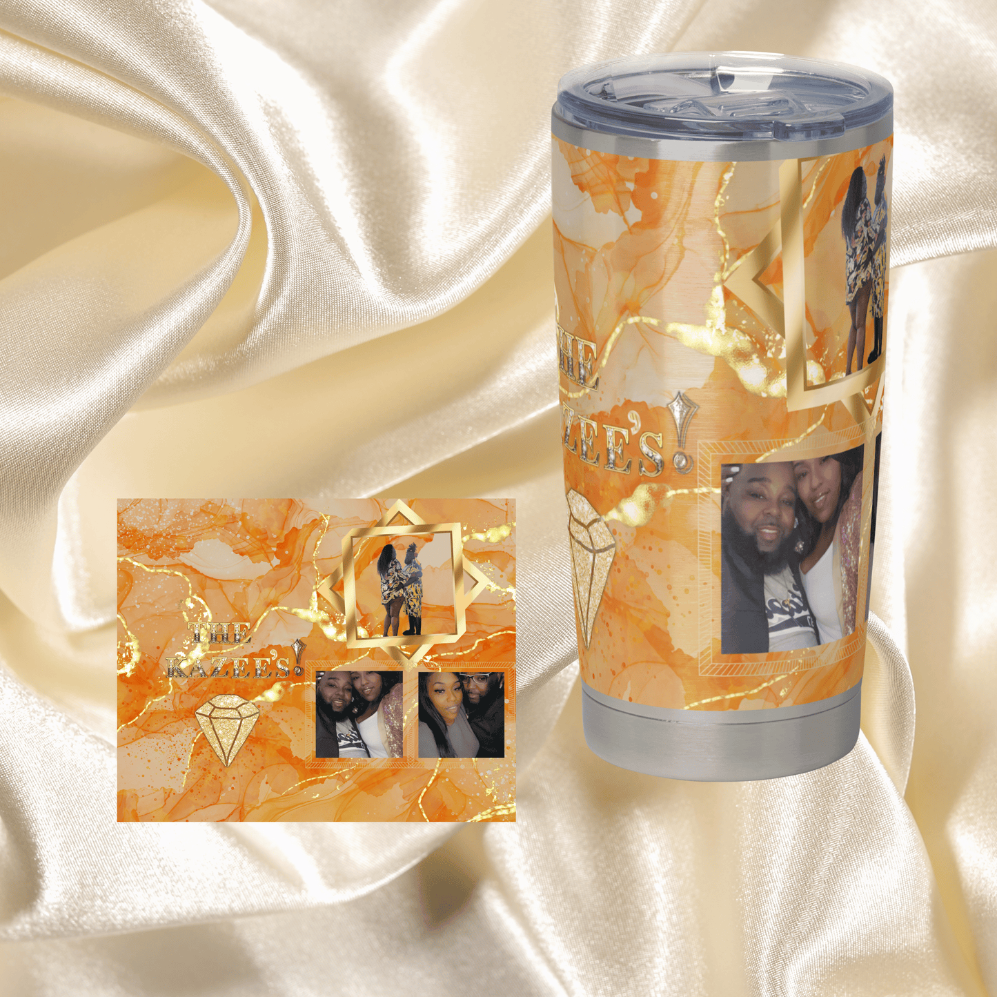 20 OZ Skinny Tumbler Hot and Cold- Orange and Gold Design: Add your own Name/ Phrases and Pictures